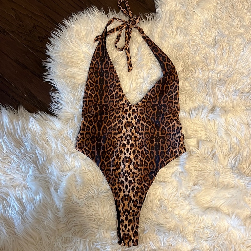 MESHKI LEOPARD HALTER ONE-PIECE SWIMSUIT